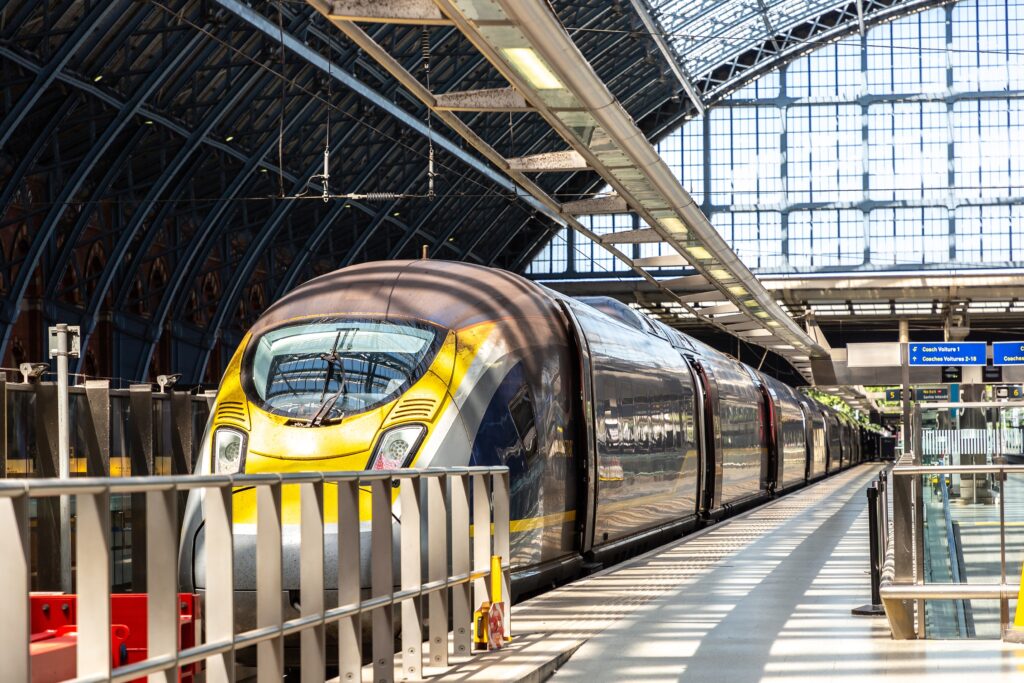 LONDON, UK - JUNE 17, 2022: Modern The Eurostar high speed bullet train - connects Paris Gare du Nord and London St. Pancras train station in London, UK