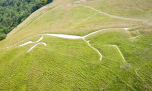 Aerial view to legendary Uffington White Horse in England.