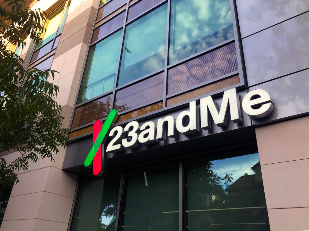 A logo sign of 23andMe outside of the headquarters. The company is an American personal genomics and biotechnology company based in Silicon Valley