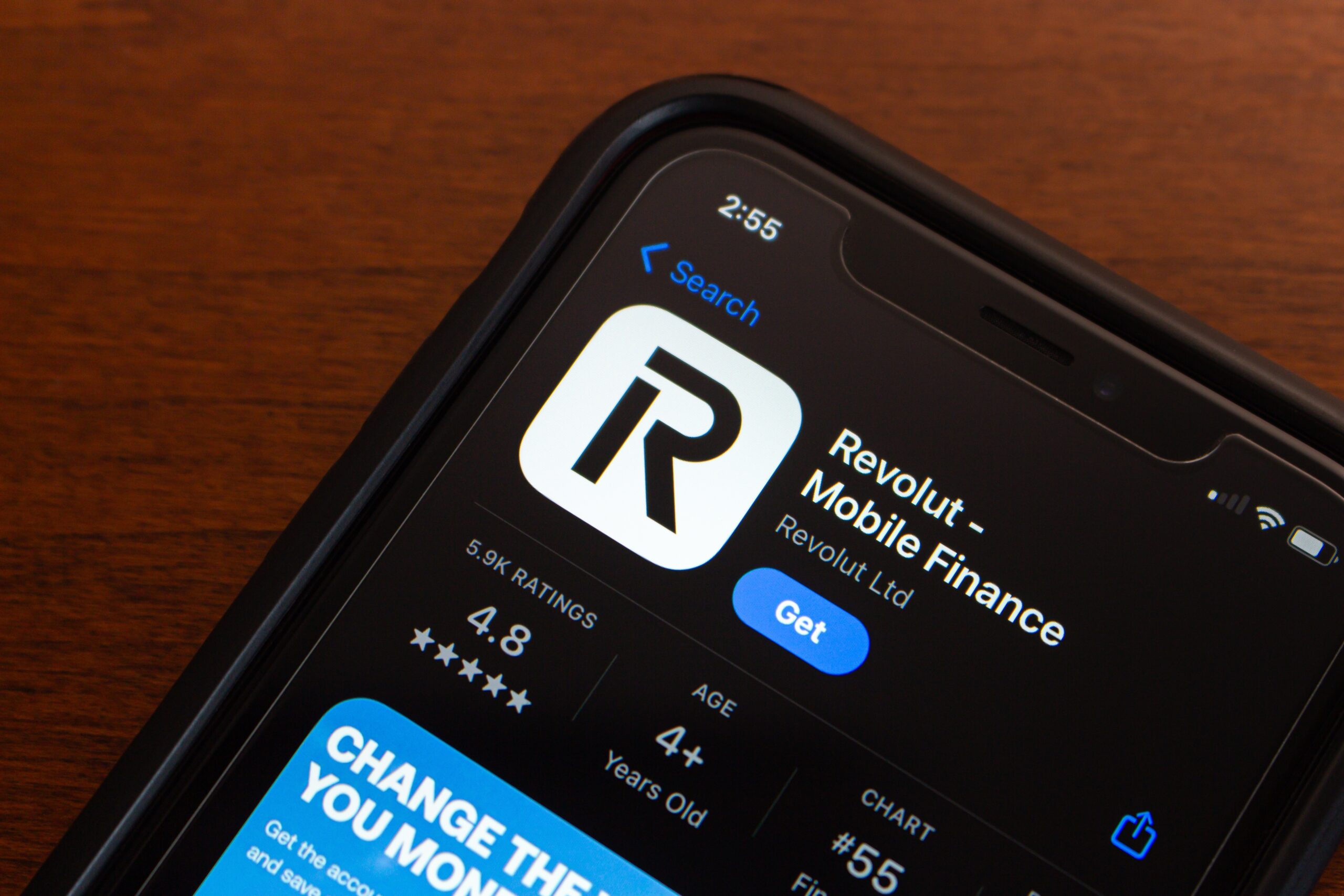 The Revolut app is displayed in the App Store on an iPhone. Revolut is a global neobank and financial technology company headquartered in London, UK