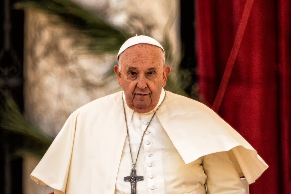 Rome Italy 24 3 2024: Pope Francis Bergoglio celebrates mass in St. Peter's Square Vatican. Palm Sunday preceding Christian Easter. Catholic church. Argentine is the first pope from America. jubileum