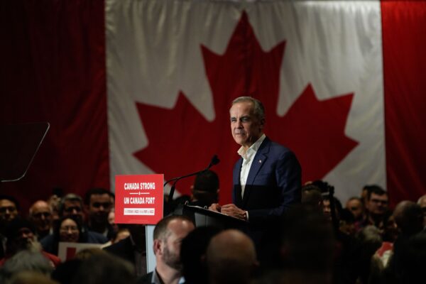 Canada's Liberal Party leader, Mark Carney, attends a federal election campaign rally at Sheraton Vancouver Airport Hotel in Richmond, British Colunbia