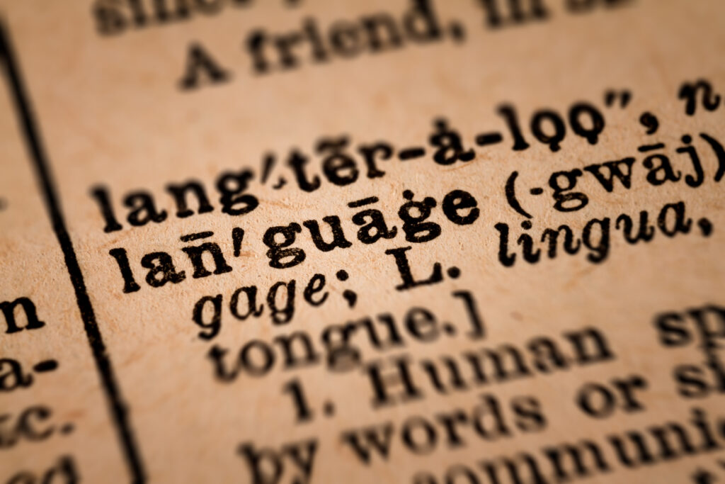 Close-up of an Old Vintage Dictionary showing the Word LANGUAGE