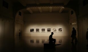 Silhouette of Person Sitting on Bench in the gallery with the paintings on the wall