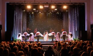 A collective of musicians, singers and dancers in gypsy costumes perform on stage.