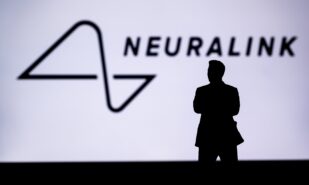 Neuralink's company logo features a silhouette of businessman Elon Musk, the company that first implanted a chip into the human brain