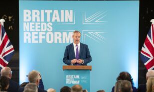 Merthyr Tydfil, Wales, UK. Nigel Farage, leader of the Reform Party, during his party’s general election manifesto launch at the Gurnos Club in Merthyr Tydfil.