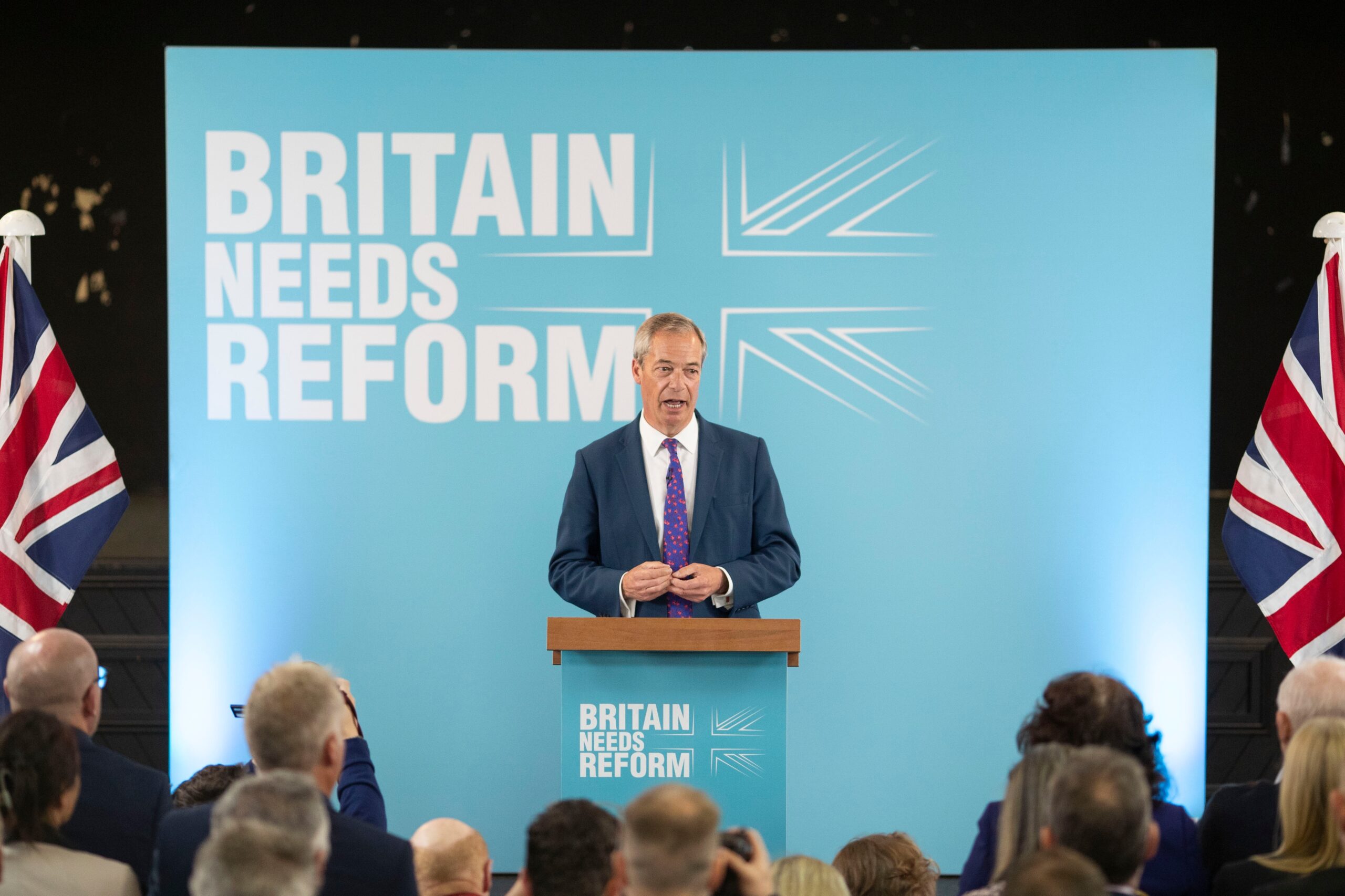 Merthyr Tydfil, Wales, UK. Nigel Farage, leader of the Reform Party, during his party’s general election manifesto launch at the Gurnos Club in Merthyr Tydfil.