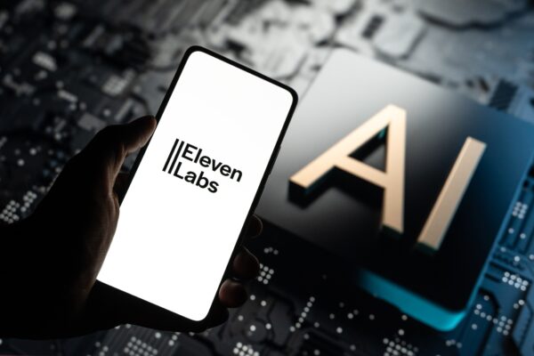 ElevenLabs logo on phone screen stock image.