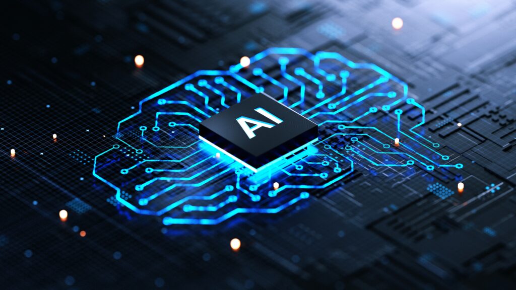 AI chip on a circuit board. Symbolizes technological advancement and artificial intelligence integration.
