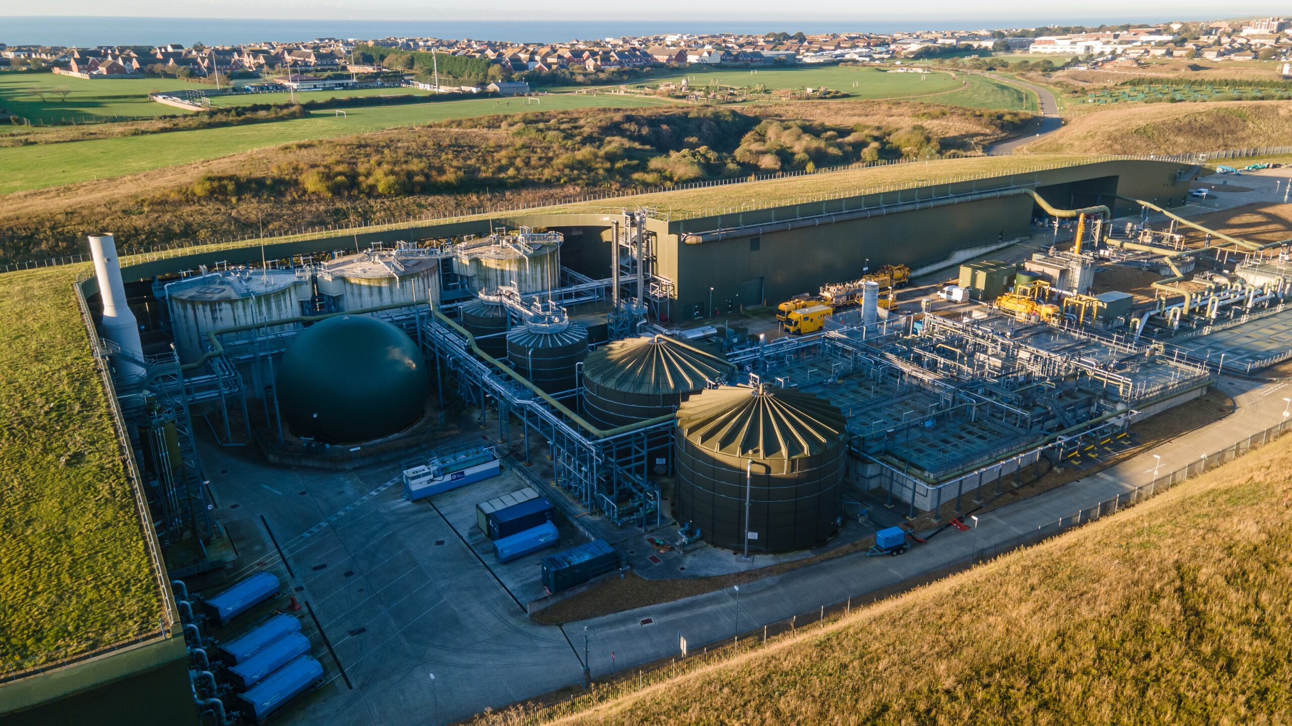 Aerial view ofwater treatment plant, refinery, close to Brighton, Peacehaven, East Sussex, UK.