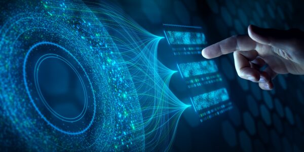 Big data analysis with AI technology. Person using machine learning and deep learning neural network for data science, data mining, business analytics, automation, data engineering. Glowing particles.