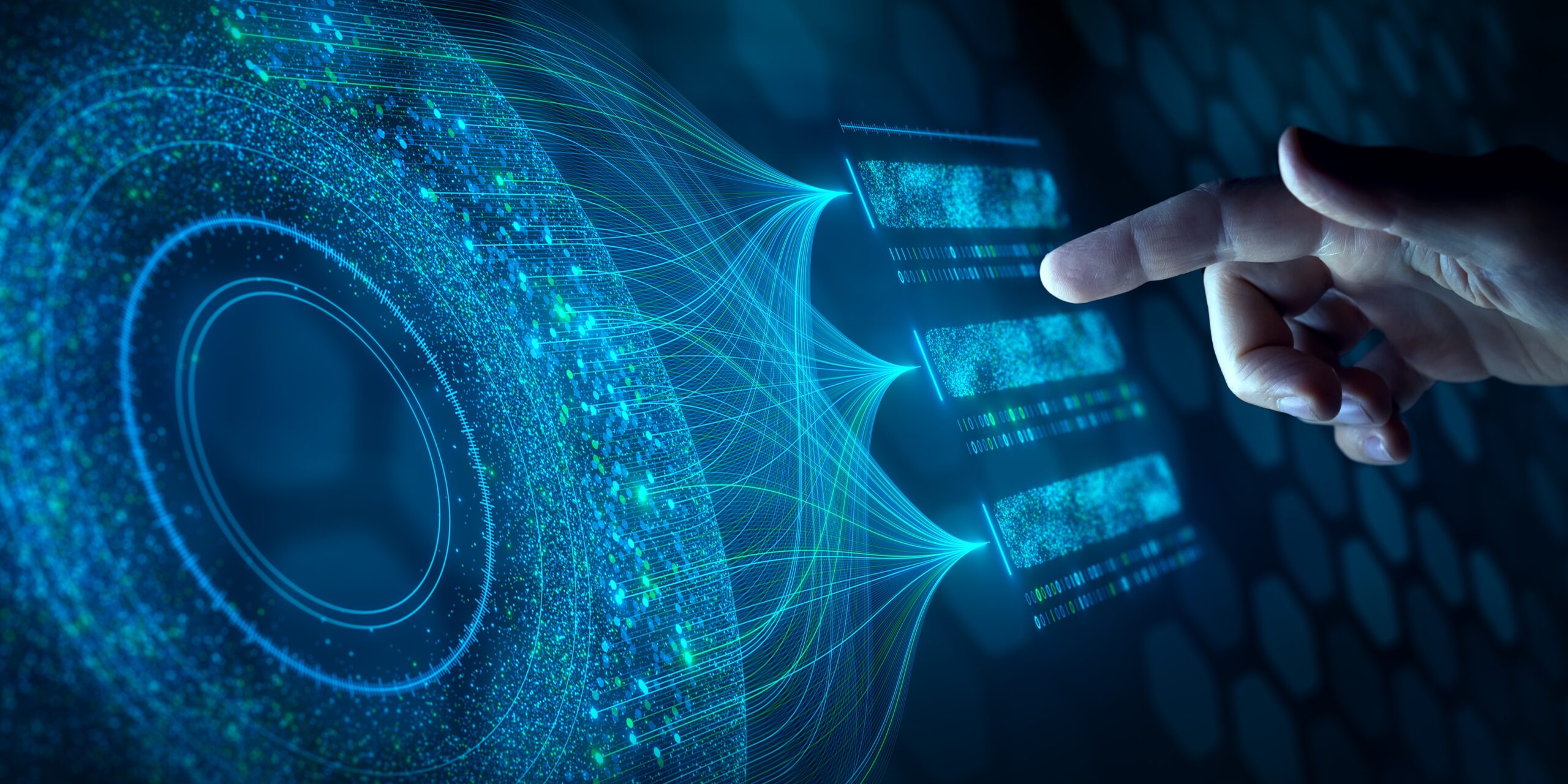 Big data analysis with AI technology. Person using machine learning and deep learning neural network for data science, data mining, business analytics, automation, data engineering. Glowing particles.