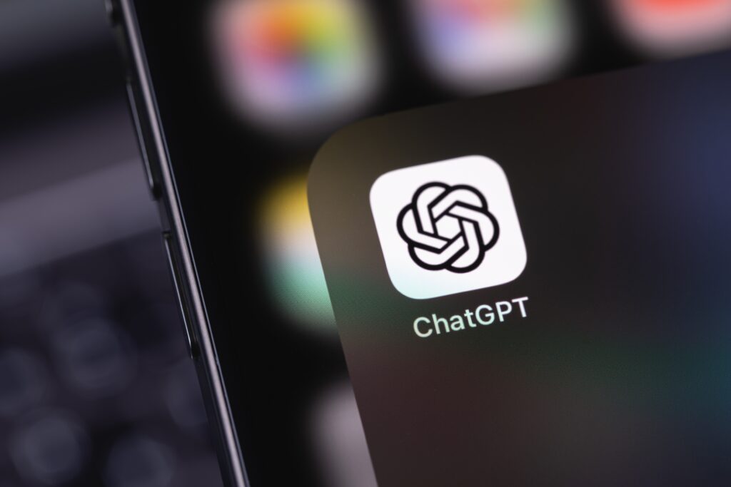 ChatGPT icon mobile app on a screen smartphone iPhone. ChatGPT is an artificial intelligence chatbot developed by OpenAI.