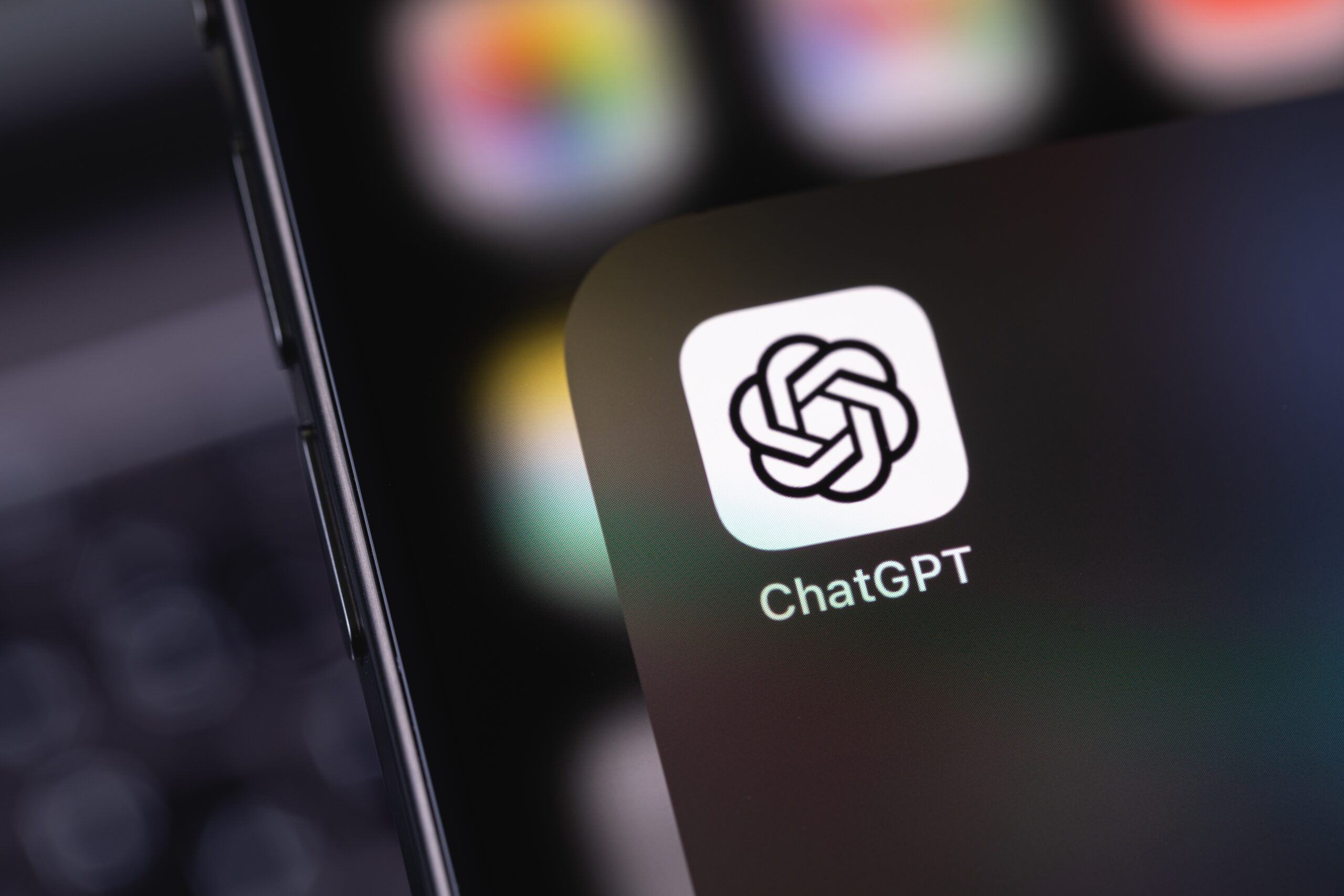 ChatGPT icon mobile app on a screen smartphone iPhone. ChatGPT is an artificial intelligence chatbot developed by OpenAI.
