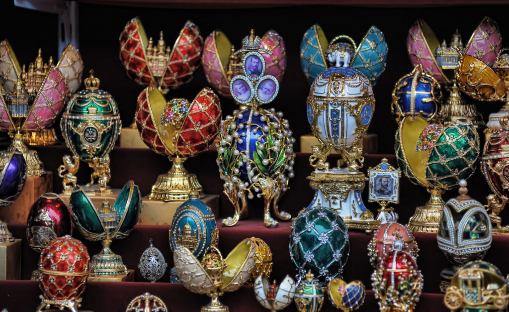 Faberge souvenir eggs in a shop for tourists