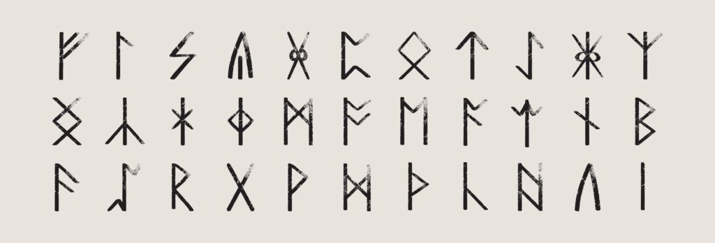 A complete collection of Anglo-Saxon medieval runes. Set of the younger futhark. Ancient alphabet.