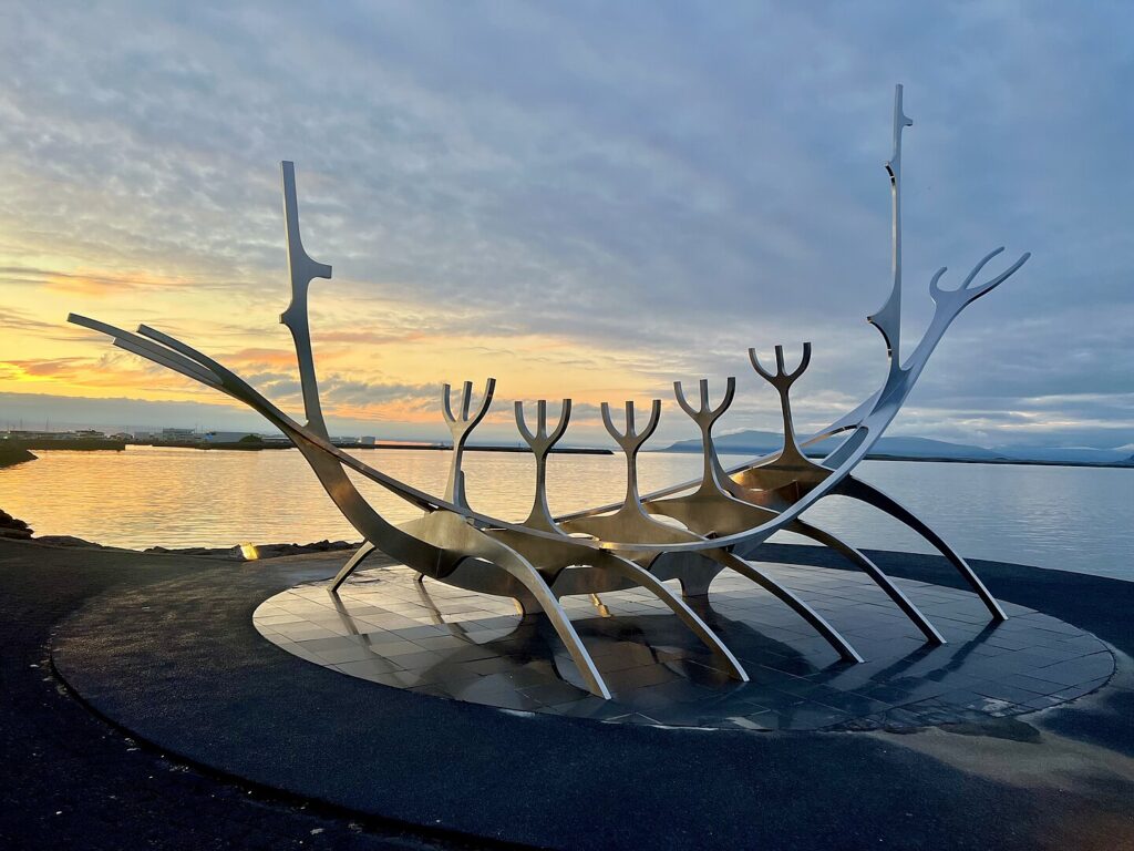 The Sun Voyager, a sculpture by Jón Gunnar Árnason, located next to the Sæbraut road in Reykjavík, Iceland.