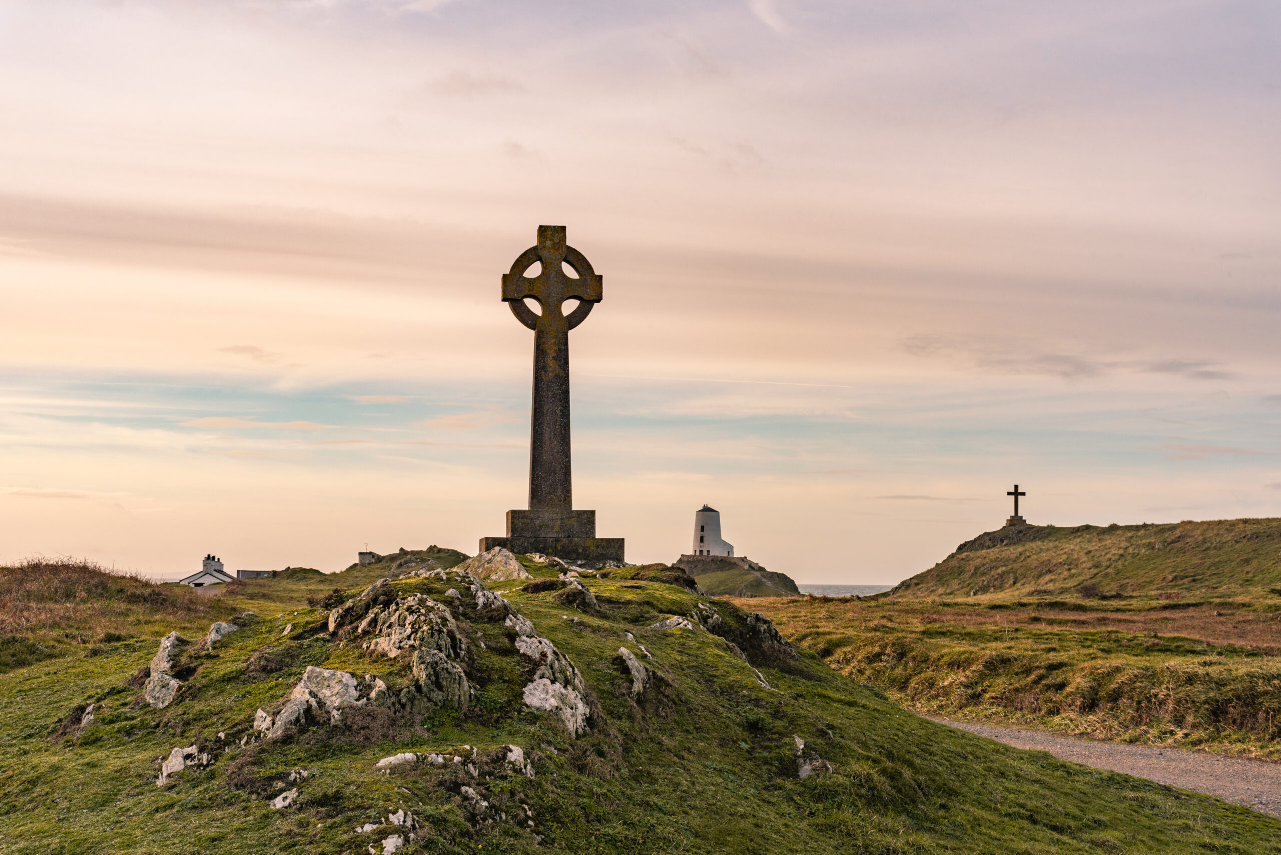 The Llanddwyn island lighthouse, Twr Mawr at Ynys Llanddwyn on Anglesey, North Wales at sunrise.