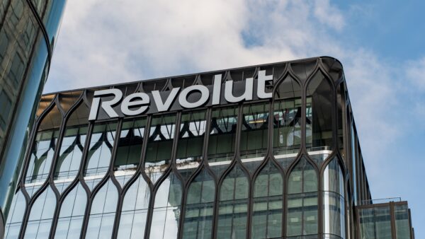Revolut headquarters building in Canary Wharf, London, UK