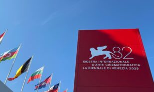 Venice, Italy: 82nd Venice Film Festival emblem against the sky