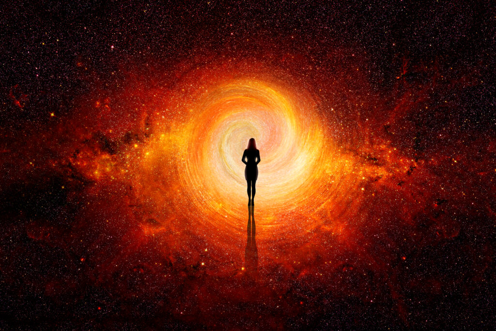 3d. Woman walking through the universe