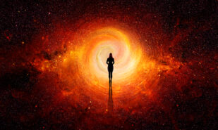 3d. Woman walking through the universe