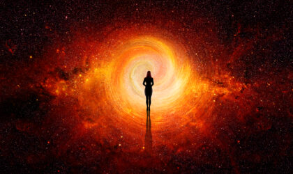 3d. Woman walking through the universe