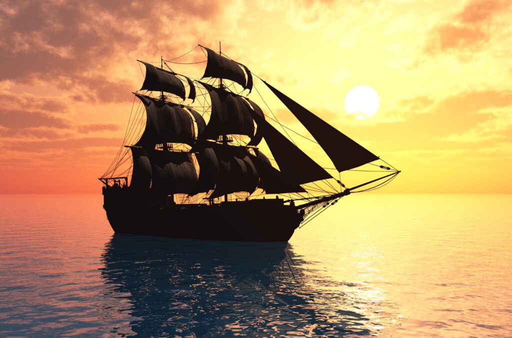 Vintage sailboat in the sea at sunset.3d render