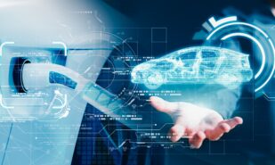 Businessman controlling hologram to autopilot Electric vehicle background. Man in EV car using blue AI user interface and machine learning command charging system. Innovative technology transportation