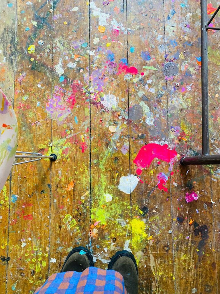 Sophie Lévy Burton's studio floor covered in paint