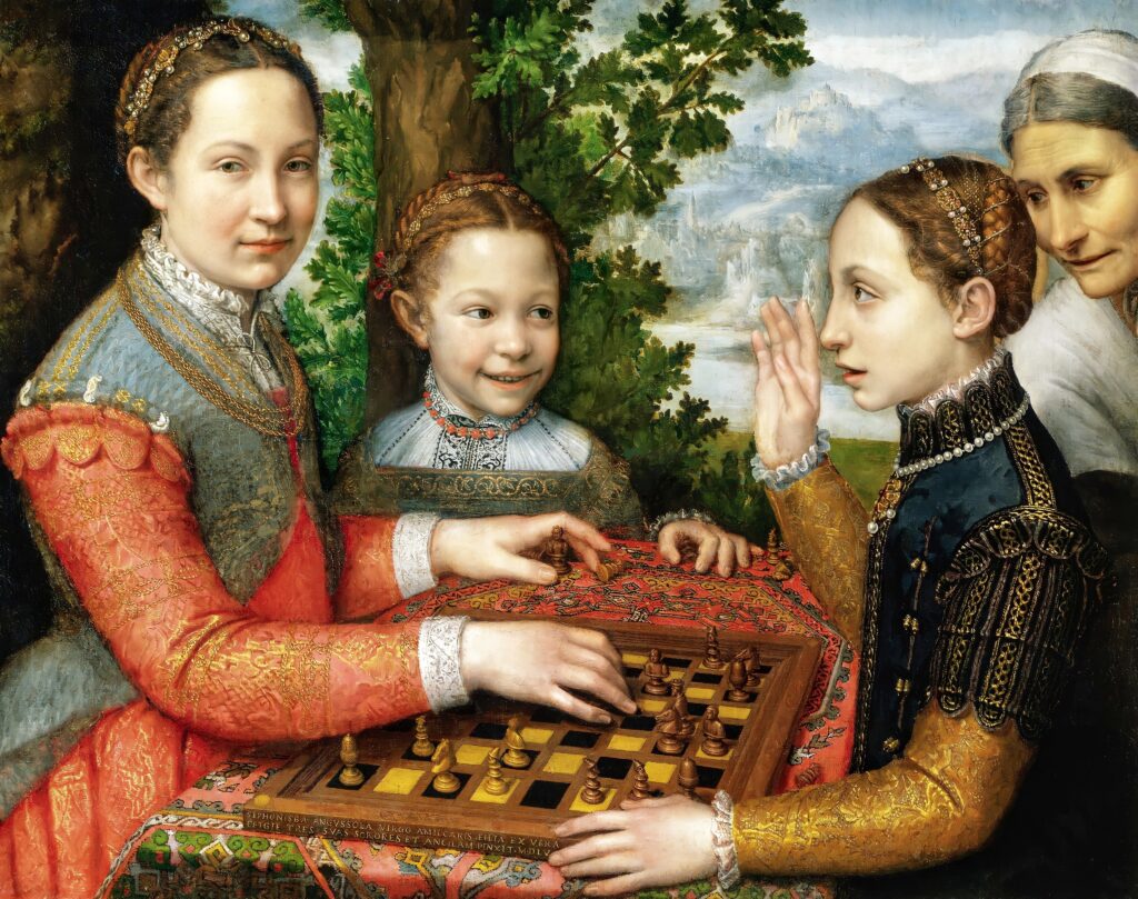 Medieval painting of girls playing chess