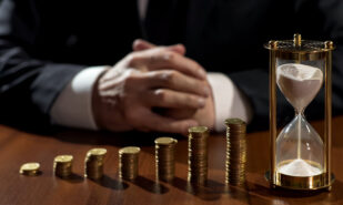 Piles of coins growth, sand flowing in hourglass, businessman waiting for profit