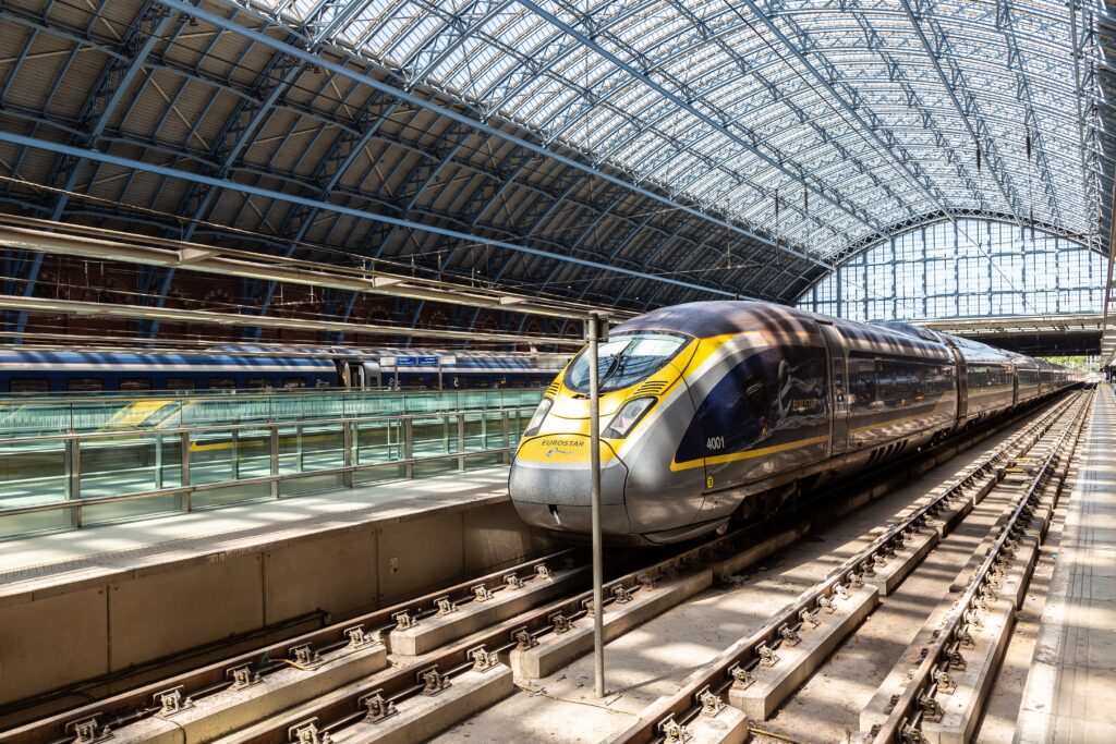Modern The Eurostar high speed bullet train - connects Paris Gare du Nord and London St. Pancras train station in London, UK