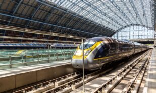 Modern The Eurostar high speed bullet train - connects Paris Gare du Nord and London St. Pancras train station in London, UK