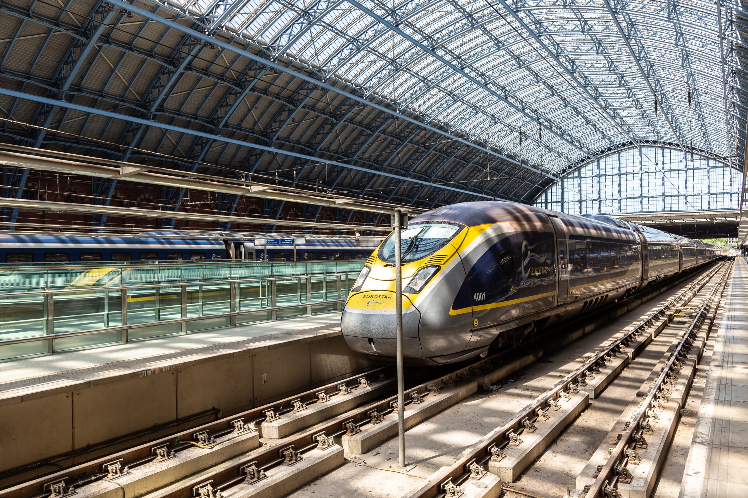 Modern The Eurostar high speed bullet train - connects Paris Gare du Nord and London St. Pancras train station in London, UK