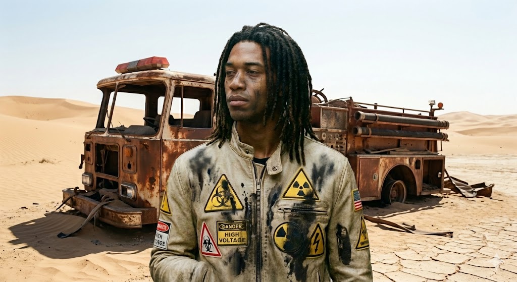 young man in desert by burnt bus