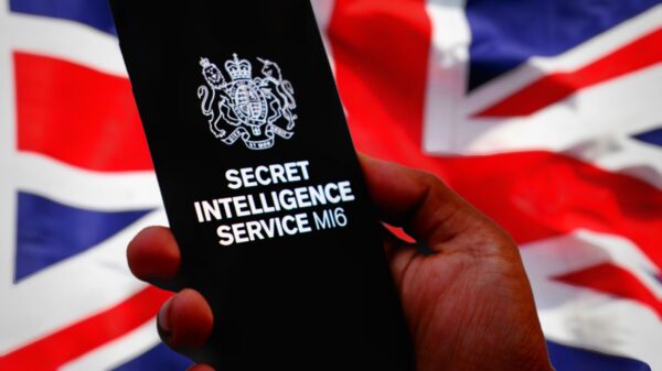 British intelligence agencies, Secret Intelligence Service (SIS or MI6) logo with United Kingdom flag background. is the foreign intelligence service of the United Kingdom