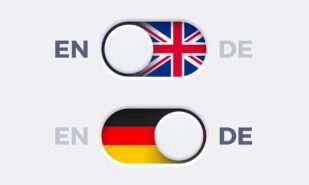 English language mode and German language mode toggle switch buttons.Toggle slider with United Kingdome flag icon and German flag icon. Material design slider switch buttons set. Vector illustration.