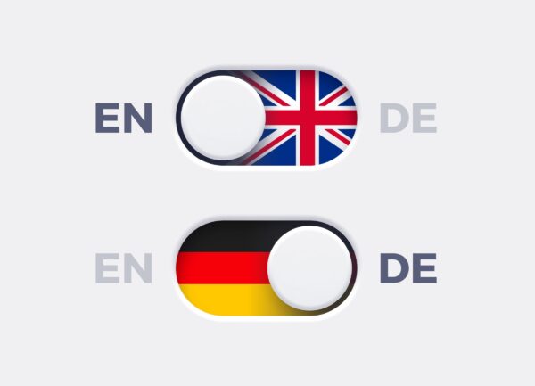 English language mode and German language mode toggle switch buttons.Toggle slider with United Kingdome flag icon and German flag icon. Material design slider switch buttons set. Vector illustration.