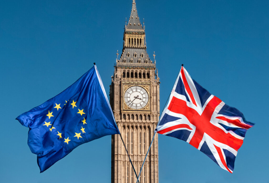 European Union and UK flags in front of Big Ben, Brexit EU