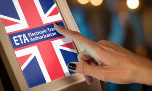 Close-up of a hand using a touchscreen. Electronic Travel Authorization concept