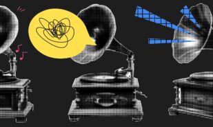 Collage kit with phonographs and gramophone. Grunge elements for creative design. Cutout stickers at the black bg with doodles and scribbles. Music concept