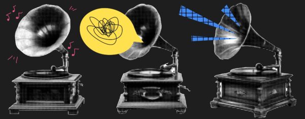 Collage kit with phonographs and gramophone. Grunge elements for creative design. Cutout stickers at the black bg with doodles and scribbles. Music concept