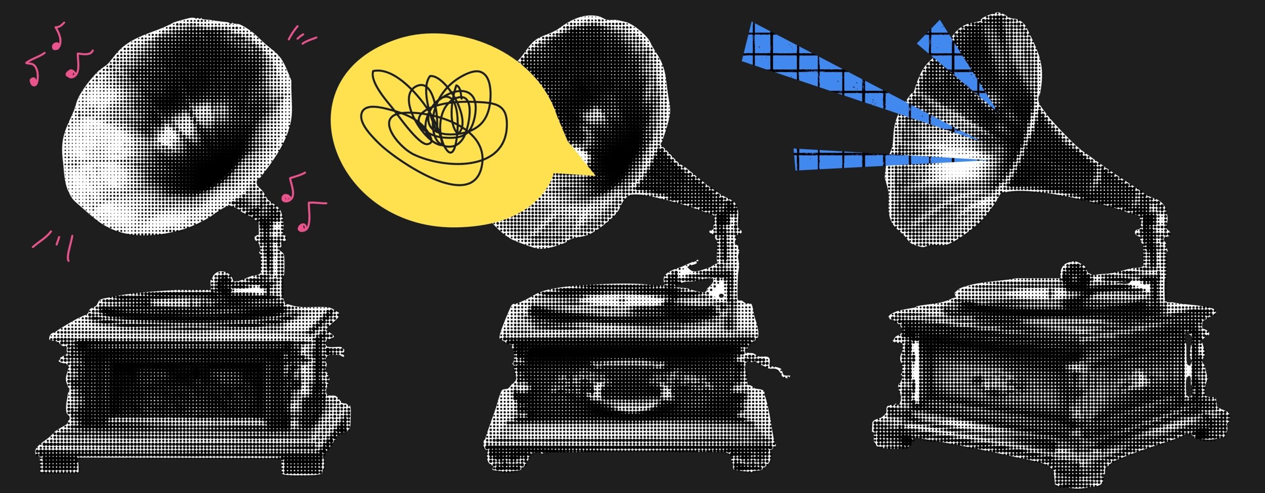 Collage kit with phonographs and gramophone. Grunge elements for creative design. Cutout stickers at the black bg with doodles and scribbles. Music concept