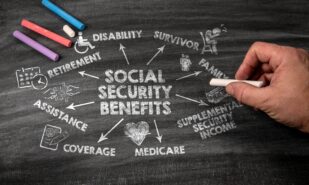 Social Security Benefits Concept. Black scratched textured chalkboard background.