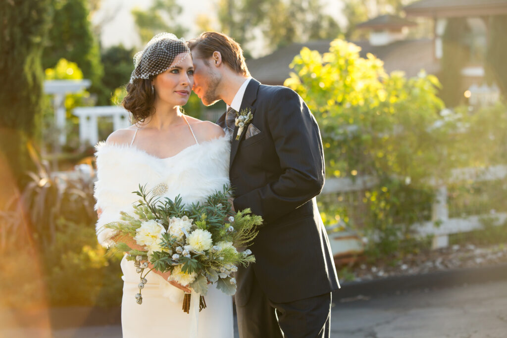 Beautiful wedding couple on their winter wedding