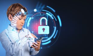 Concentrated boy finger touch smartphone, portrait using device. Glowing lock hud hologram and abstract digital lines. Concept of safe internet for kids and parental control