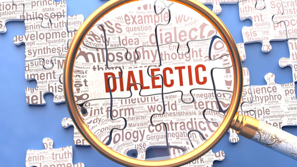 Dialectic being closely examined along with multiple concepts and ideas directly related to Dialectic. Many parts of a puzzle forming one, connected whole.,3d illustration