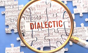 Dialectic being closely examined along with multiple concepts and ideas directly related to Dialectic. Many parts of a puzzle forming one, connected whole.,3d illustration
